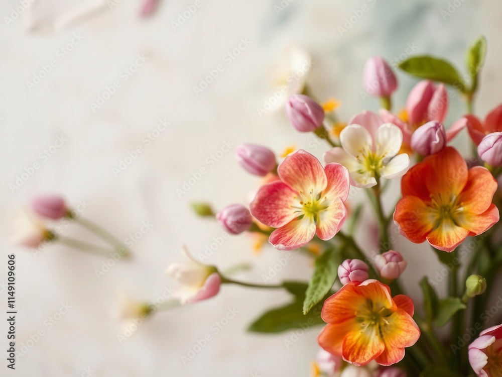 Obraz premium Colorful spring flowers blossoming on a textured paper background, natural beauty, background, blossoming