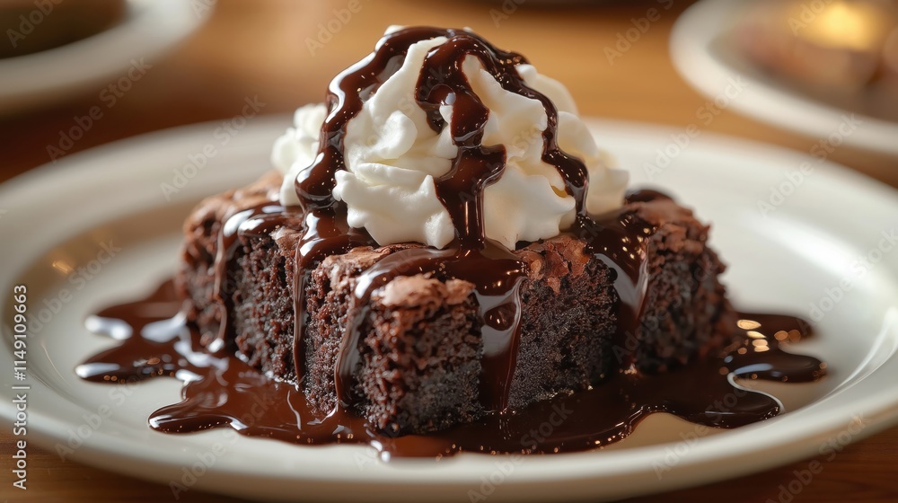 Delicious gooey chocolate brownie sundae. Topped with hot fudge and whipped cream. Perfect sweet dessert. Ideal for dessert lovers. Rich flavors and textures. Served on a white plate. Ready to eat. Delicious gooey chocolate brownie sundae. Topped with hot fudge and whipped cream. Perfect sweet dessert. Ideal for dessert lovers. Rich flavors and textures. Served on a white plate. Ready to eat.