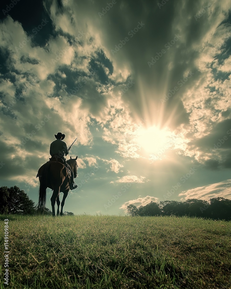 Fototapeta premium A silhouette of a cowboy on horseback against a dramatic sky and sun rays.