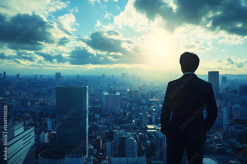 Businessman looking at cityscape, future, success Businessman looking at cityscape, future, success