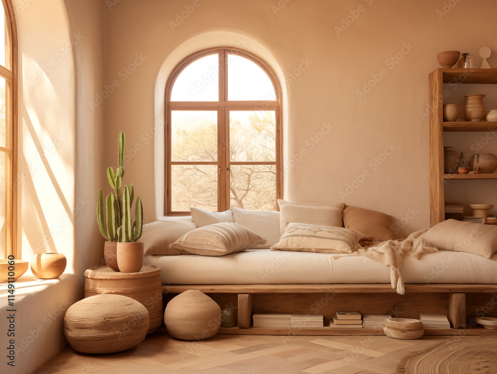 Prairie and modern nomadic style living room interior with light couch with pilows and neutral decor Prairie and modern nomadic style living room interior with light couch with pilows and neutral decor