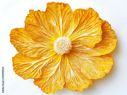 yellow marigold with intricate petals isolated on white background photo