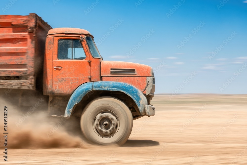 Cargo Lorry in Motion Kicking Up Dust on a Desert Road Under Midday Light with a Clear Blue Sky Cargo Lorry in Motion Kicking Up Dust on a Desert Road Under Midday Light with a Clear Blue Sky