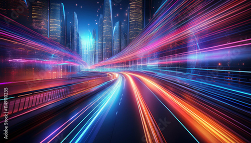 3D Rendering of highway in city. High speed motion blur. Concept of leading in business  Hi tech products background  artificial intelligence  hyper loop  virtual reality  high speed network.