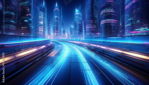 Abstract motion curvy urban road with neon light motion effect applied . Automobile background use concept .