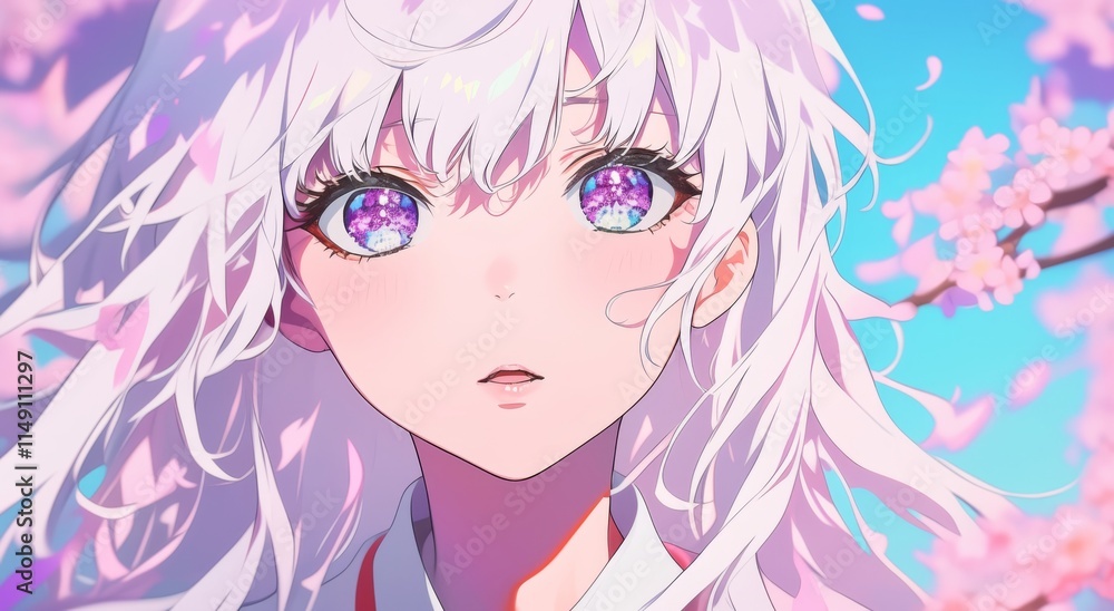 Cinematic close-up of an anime girl with white hair and purple eyes, wearing a red dress and surrounded by cherry blossoms in full bloom Cinematic close-up of an anime girl with white hair and purple eyes, wearing a red dress and surrounded by cherry blossoms in full bloom