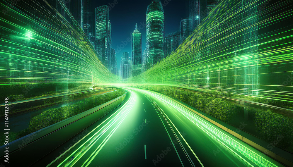 A blurred cityscape of tall buildings with a highway leading into the distance with colorful light trails. A blurred cityscape of tall buildings with a highway leading into the distance with colorful light trails.