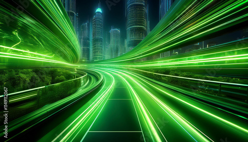 A blurred cityscape of tall buildings with a highway leading into the distance with colorful light trails.