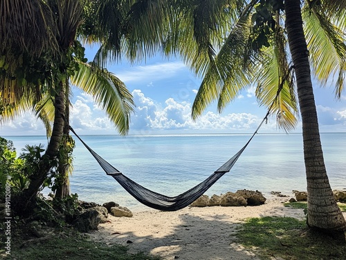 Relaxing day in a hammock between palm trees overlooking a tranquil topaz beach photo