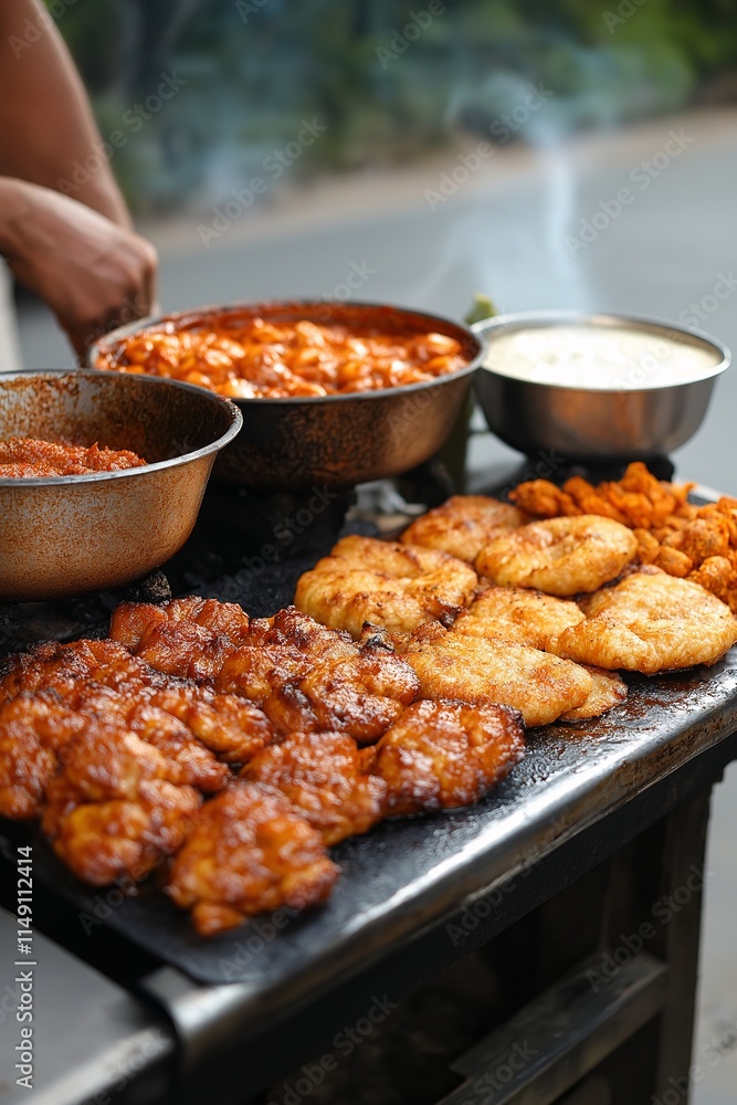 A Vibrant Street Food Scene Showcasing Delicious Fried Chicken and Tantalizing Sauces in a Bustling Outdoor Setting Filled with Flavor and Excitement A Vibrant Street Food Scene Showcasing Delicious Fried Chicken and Tantalizing Sauces in a Bustling Outdoor Setting Filled with Flavor and Excitement