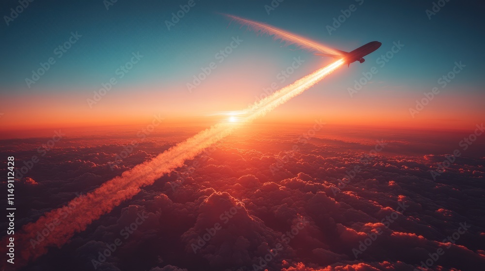 A jet aircraft flying through colorful clouds at sunset, leaving a trail of vapor. A jet aircraft flying through colorful clouds at sunset, leaving a trail of vapor.