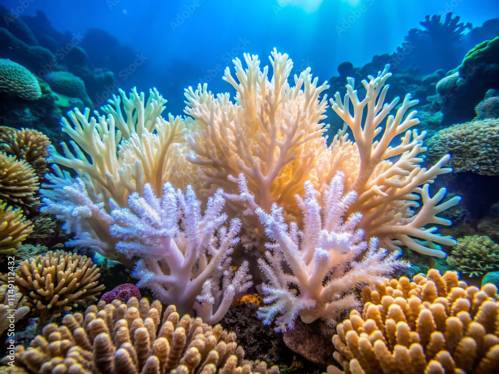 Vibrant coral reef with pale opal corals and diverse marine life, showcasing underwater beauty and intricate textures. serene underwater scene filled with life Vibrant coral reef with pale opal corals and diverse marine life, showcasing underwater beauty and intricate textures. serene underwater scene filled with life