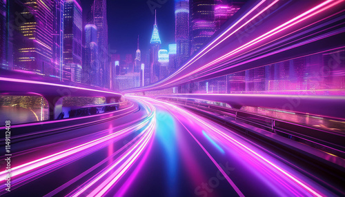 d rendering cityscape with red and light blue light trail on road. Concept city  downtown district  town at night with bright neon light.