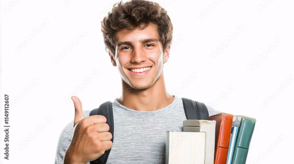 Smiling Student Man Holding Books and Giving Thumbs Up Gesture, Radiating Positivity and Enthusiasm in a Bright Learning Environment Smiling Student Man Holding Books and Giving Thumbs Up Gesture, Radiating Positivity and Enthusiasm in a Bright Learning Environment