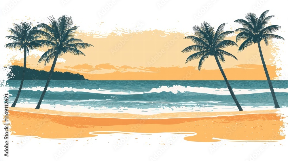 Obraz premium Serene Beach Scene with Palm Trees at Sunset Over Ocean Waves
