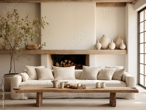 Neutral japandi and wabi sabi style living room with grey stucco walls, light couch and rustic wood coffee table