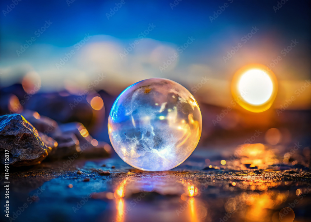 crystal ball reflects stunning sunset, surrounded by rocks and shimmering water. prismatic glow creates magical atmosphere, enhancing serene landscape crystal ball reflects stunning sunset, surrounded by rocks and shimmering water. prismatic glow creates magical atmosphere, enhancing serene landscape