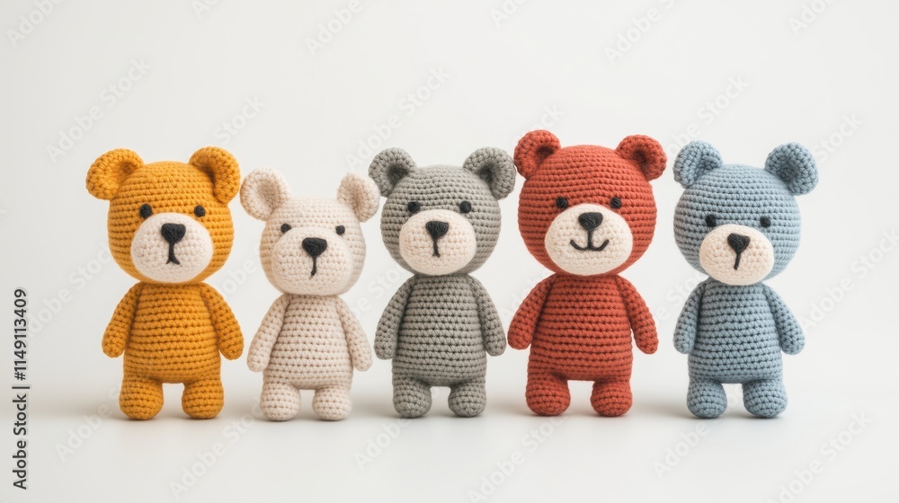 Cute Amigurumi Bears in Minimalist Style with Assorted Colors and Expressions Against White Background in 16:9 Aspect Ratio Design Cute Amigurumi Bears in Minimalist Style with Assorted Colors and Expressions Against White Background in 16:9 Aspect Ratio Design