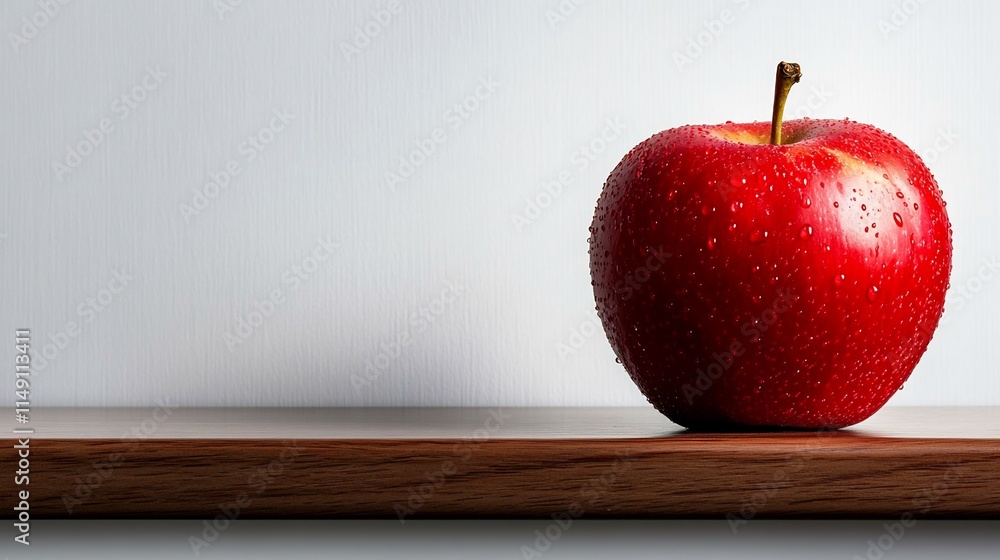 A Red Apple on a Wooden Shelf Against a White Background A Red Apple on a Wooden Shelf Against a White Background