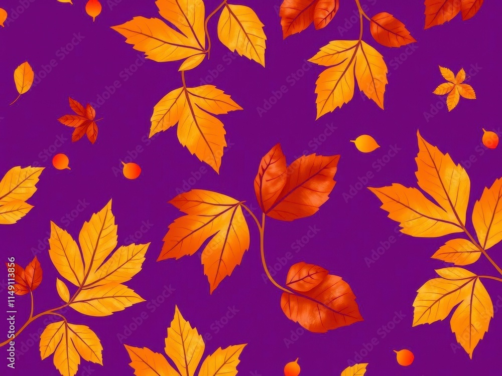 Pattern of dry orange metallic leaves on violet background, violet, background, pattern Pattern of dry orange metallic leaves on violet background, violet, background, pattern