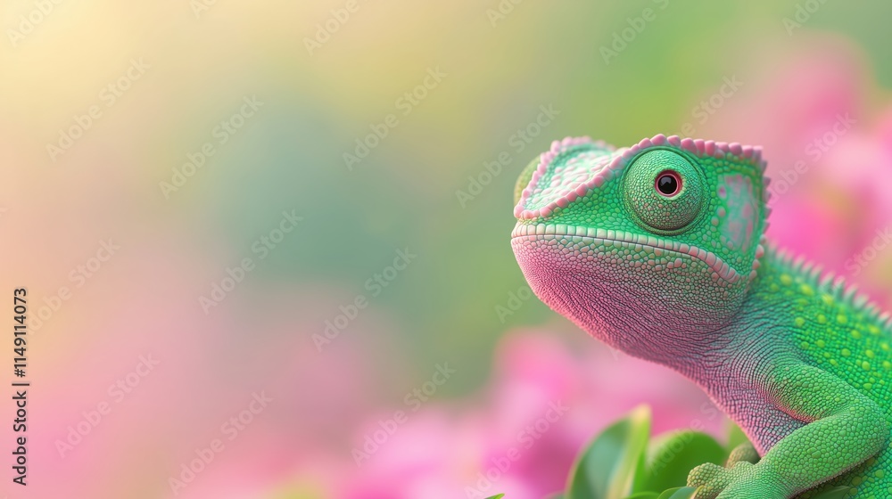 Fototapeta premium Chameleon Blending Seamlessly Into Vibrant Rainforest Background With Lush Greenery And Tropical Colors Perfect For Nature And Wildlife Photography Concepts And Design Elements