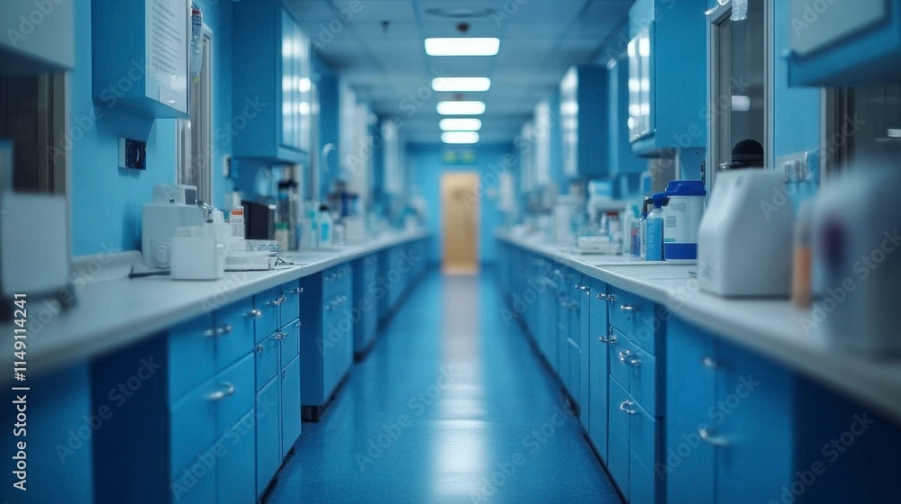 Blurred image of a clinic corridor in blue, representing a high-tech, clean, and sterile medical environment, ideal for conveying the sense of healthcare innovation and modernity. Blurred image of a clinic corridor in blue, representing a high-tech, clean, and sterile medical environment, ideal for conveying the sense of healthcare innovation and modernity.