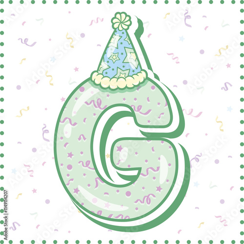 Happy Birthday English alphabet letter G in cute pastel coloring with a party hat