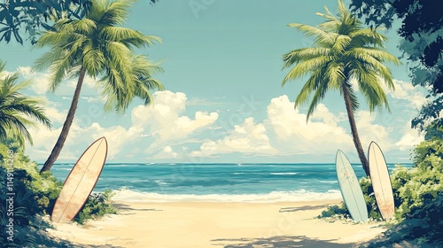 Tropical beach getaway vintage surfboards and coastal paradise in a tranquil atmosphere