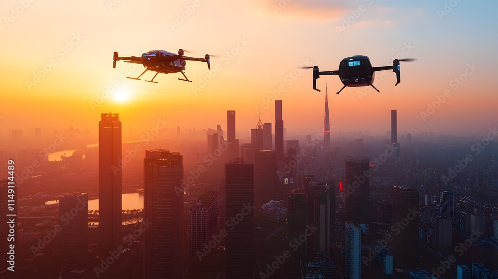 Two Drones Flying Over A City At Sunset Two Drones Flying Over A City At Sunset
