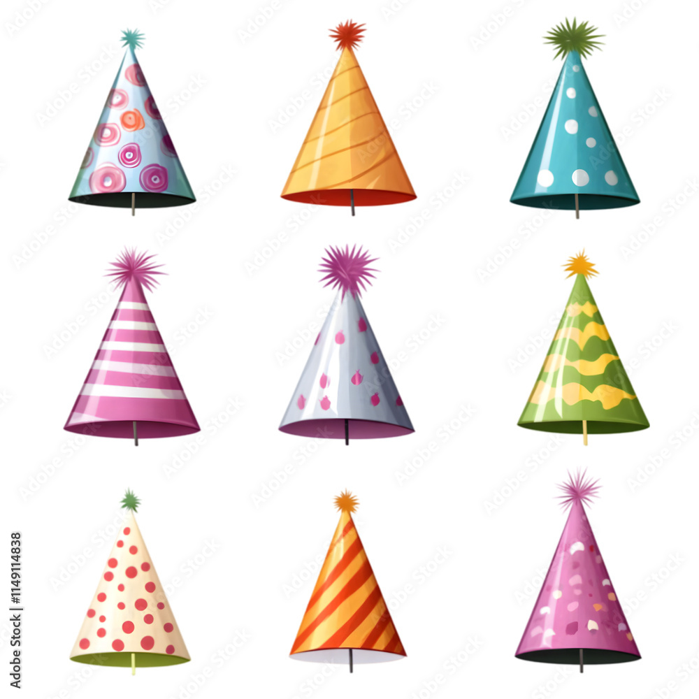 Colorful Party Hats Collection Festive Birthday Caps Celebration Headwear Fun Designs Colorful Party Hats Collection Festive Birthday Caps Celebration Headwear Fun Designs