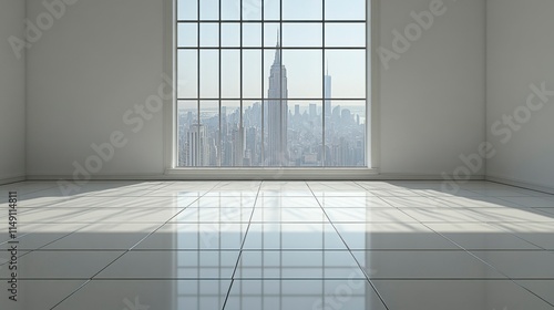 A sleek  white office with a large window  providing a breathtaking view of a megalopolis  with towering skyscrapers and a vibrant city life stretching beyond the glass.