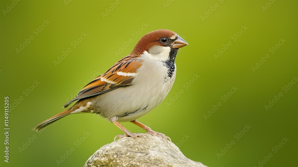 Close Up of House Sparrow Perched on Rock Against Vivid Green Background with Crisp Details in Nature Wildlife Photography Close Up of House Sparrow Perched on Rock Against Vivid Green Background with Crisp Details in Nature Wildlife Photography