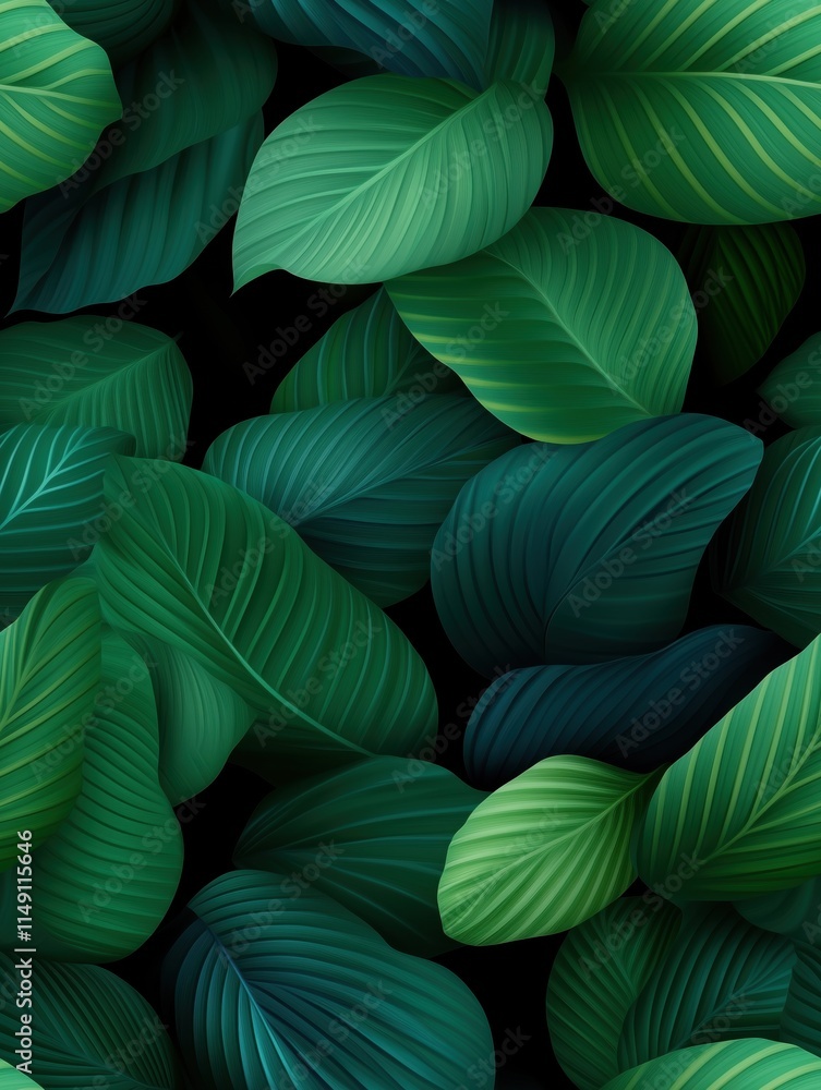 Abstract illustration of overlapping green tropical leaves with soft gradient highlights Abstract illustration of overlapping green tropical leaves with soft gradient highlights