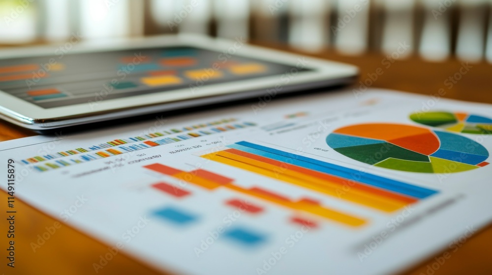 A business document report on paper and tablet, displaying sales data and financial growth graphs, placed on a table background to highlight business analysis and performance. A business document report on paper and tablet, displaying sales data and financial growth graphs, placed on a table background to highlight business analysis and performance.