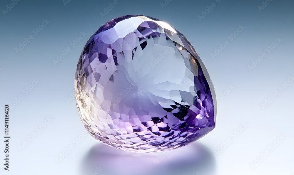 Polished amethyst gemstone with gradient color, pear shape, on blue background.