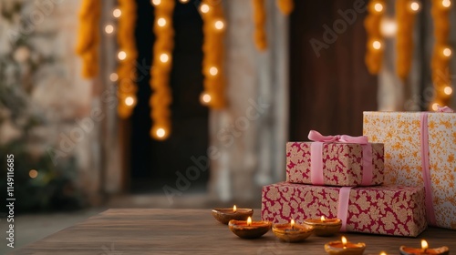 Diwali gift boxes stacked on polished wooden table. Intricate patterns decorate boxes. Pink ribbons tie gifts. Warm fairy lights, marigold garlands adorn doorway background. Small oil lamps photo