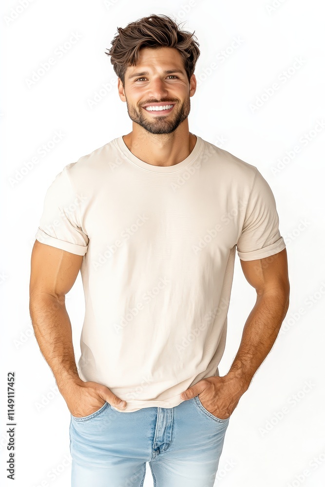Smiling young man with short hair wearing casual beige shirt and light blue jeans on white background Smiling young man with short hair wearing casual beige shirt and light blue jeans on white background