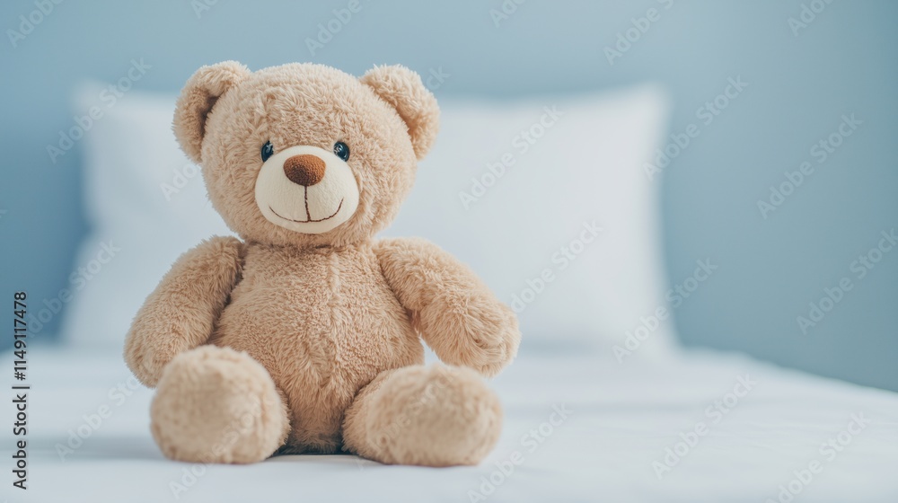 Cute Teddy Bear Toy on Patient Bed in Hospital Setting for Child Comfort and Healthcare Theme Showcasing Soft Beige Plush with Friendly Expression and Cozy Atmosphere Cute Teddy Bear Toy on Patient Bed in Hospital Setting for Child Comfort and Healthcare Theme Showcasing Soft Beige Plush with Friendly Expression and Cozy Atmosphere