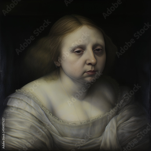 Somber portrait of a woman with a melancholic expression in a dark setting