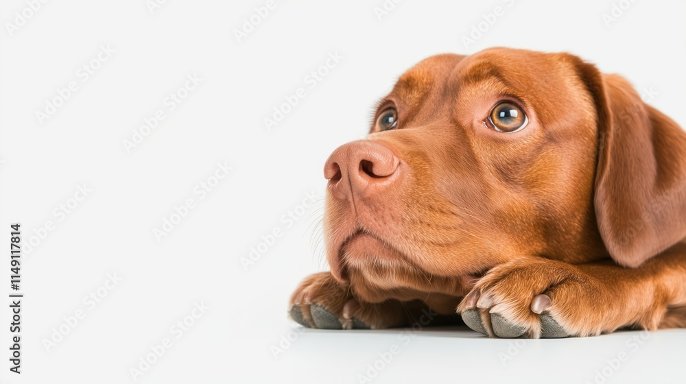 Brown Dog Lying Down Resting Head on Paws Looking Up Against White Background Brown Dog Lying Down Resting Head on Paws Looking Up Against White Background