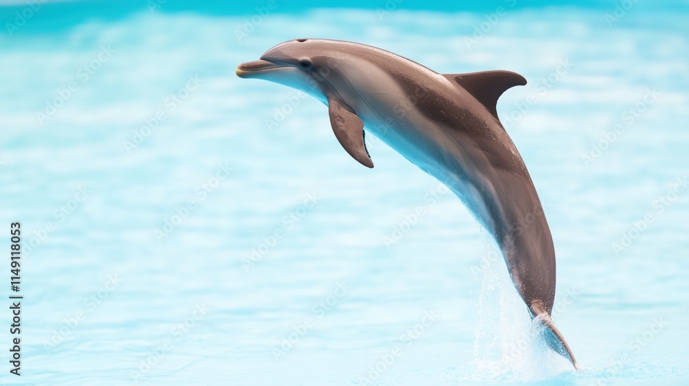 Fototapeta premium Dolphin Jumping Out of the Water with a Splash Against a Clear Blue Sky Captured in Mid-Air, Highlighting Its Graceful Movement and Natural Elegance in a Serene Oceanic Environment