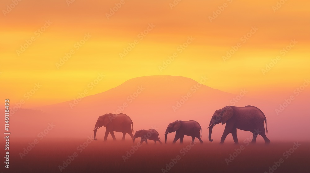 Fototapeta premium Family of Elephants Walking Through Misty African Savannah at Sunrise Against Mount Kilimanjaro with Warm Colors