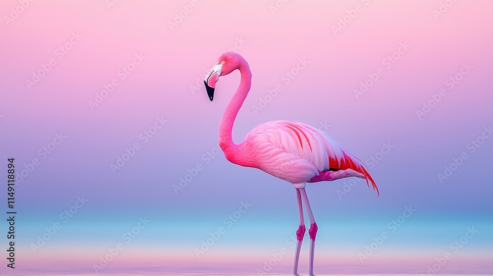 Fototapeta premium Flamingo Standing Gracefully on One Leg in Tranquil Shallow Water at Sunset with Pink and Purple Gradient Sky