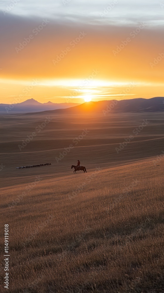 A silhouette of a rider on horseback against a vibrant sunset over rolling hills. A silhouette of a rider on horseback against a vibrant sunset over rolling hills.