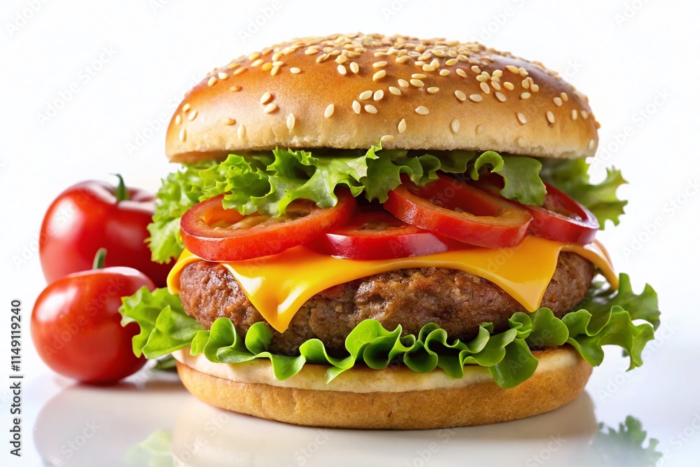 Juicy Cheeseburger on White Background - Delicious Fast Food Photography Juicy Cheeseburger on White Background - Delicious Fast Food Photography