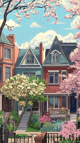 Charming neighborhood scene with beautiful houses urban setting digital art springtime vibes vibrant colors