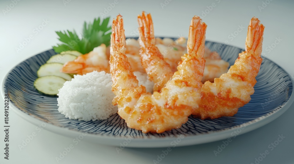 Crispy fried shrimp with rice and cucumber. Crispy fried shrimp with rice and cucumber.
