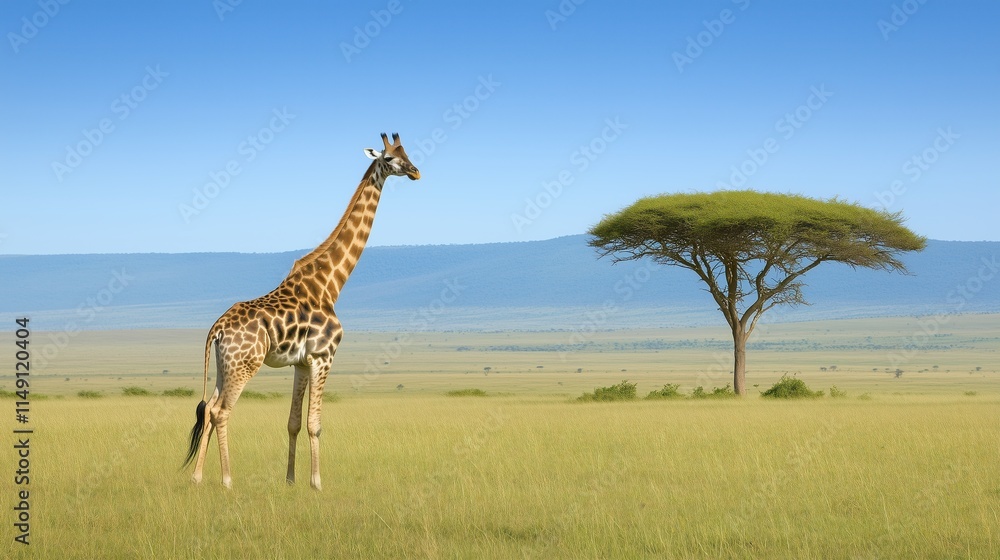 Obraz premium Graceful Giraffe Reaching for Tall Tree in African Savannah Under Clear Blue Sky on Sunny Day Wildlife Nature Photography