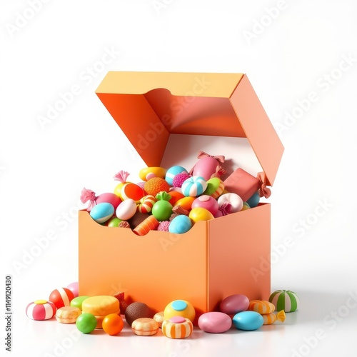 Big box of cartoon sweets with a lid open on a plain background, cartoon sweets, mega collection, kids food photo