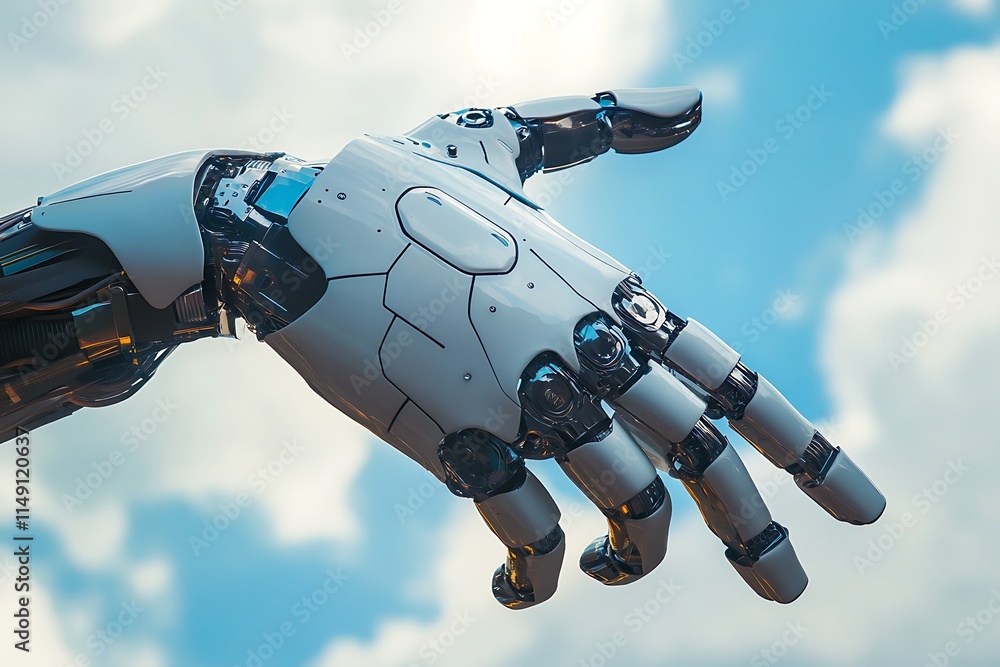 Futuristic Robot Hand Reaching Out Against Cloudy Sky. Concept of Artificial Intelligence, Technology, and the Future. Futuristic Robot Hand Reaching Out Against Cloudy Sky. Concept of Artificial Intelligence, Technology, and the Future.